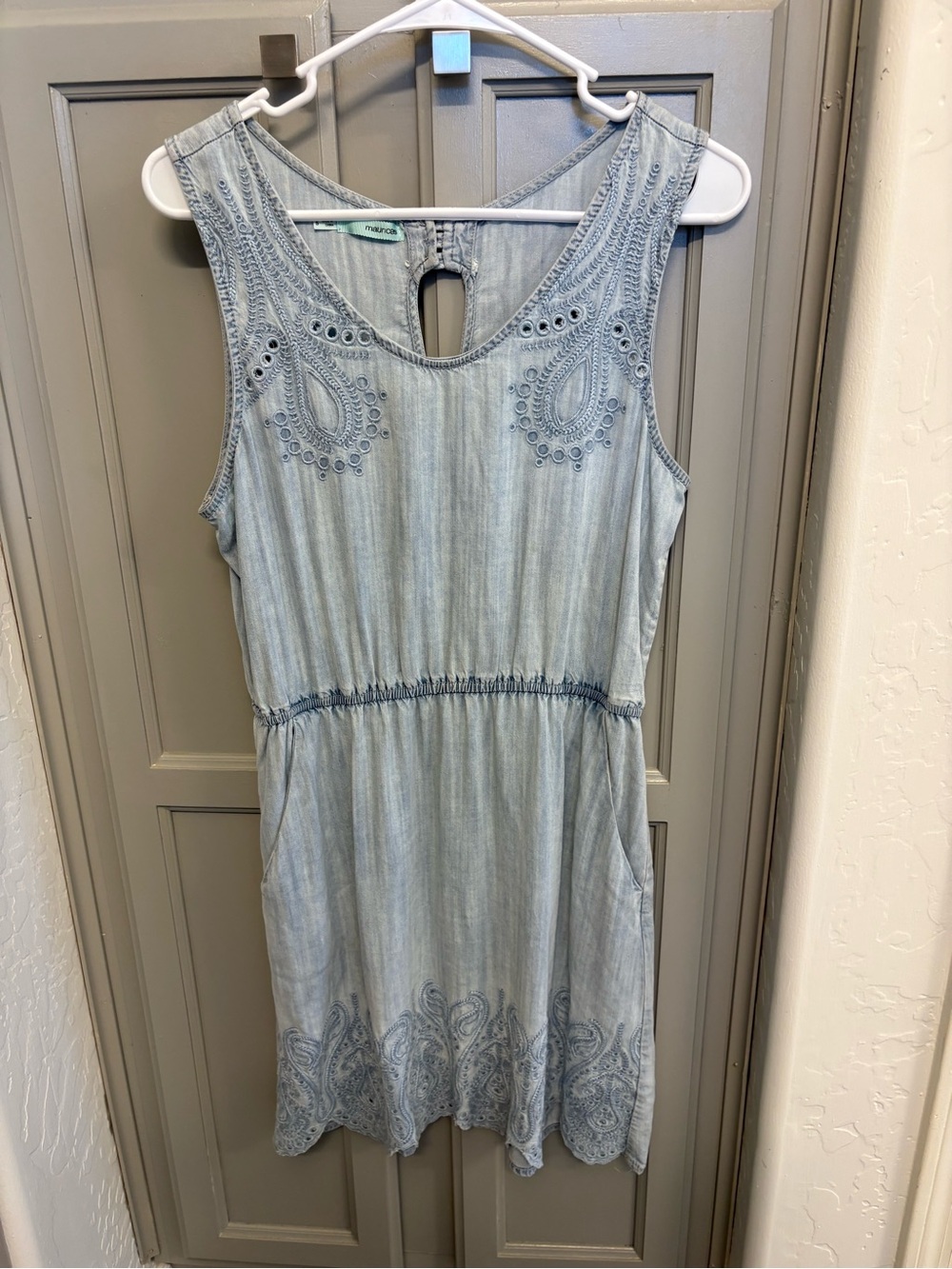 Maurices Women's Blue Denim Midi Dress with Embroidery